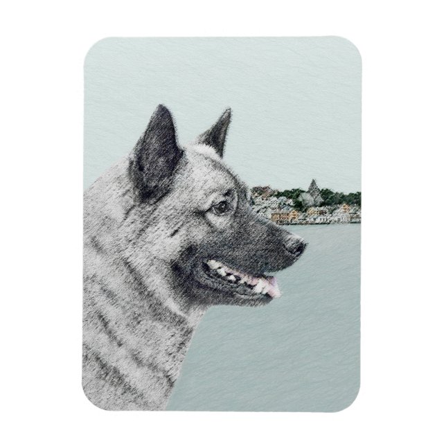 Norsk Elkhound vid Village Painting - Hund Art Magnet (Vertikal)