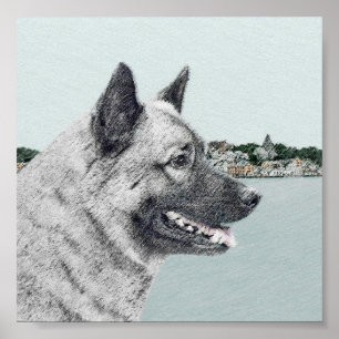 Norsk Elkhound vid Village Painting - Hund Art Poster
