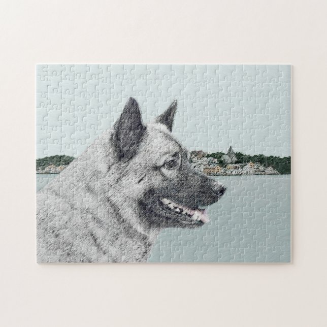 Norsk Elkhound vid Village Painting - Hund Art Pussel (Horisontell)