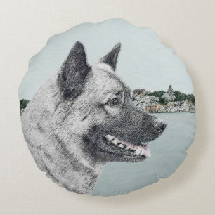 Norsk Elkhound vid Village Painting - Hund Art Rund Kudde