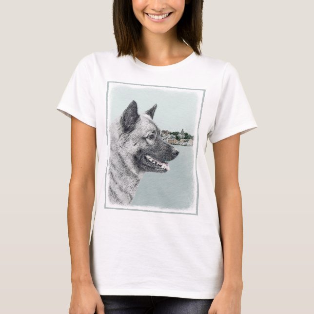 Norsk Elkhound vid Village Painting - Hund Art T Shirt (Framsida)