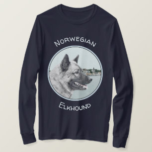 Norsk Elkhound vid Village Painting - Hund Art T Shirt