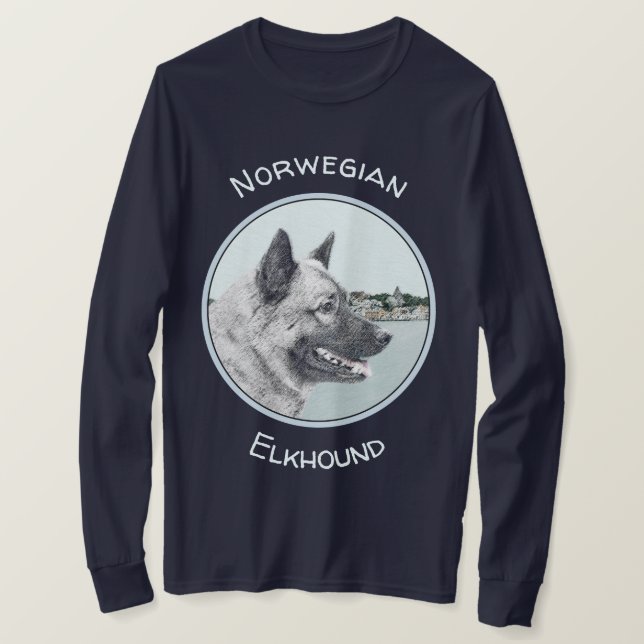 Norsk Elkhound vid Village Painting - Hund Art T Shirt (Design framsida)