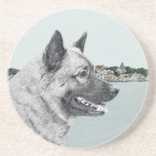 Norsk Elkhound vid Village Painting - Hund Art Underlägg Sandsten