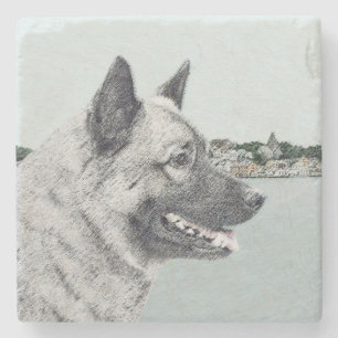 Norsk Elkhound vid Village Painting - Hund Art Underlägg Sten