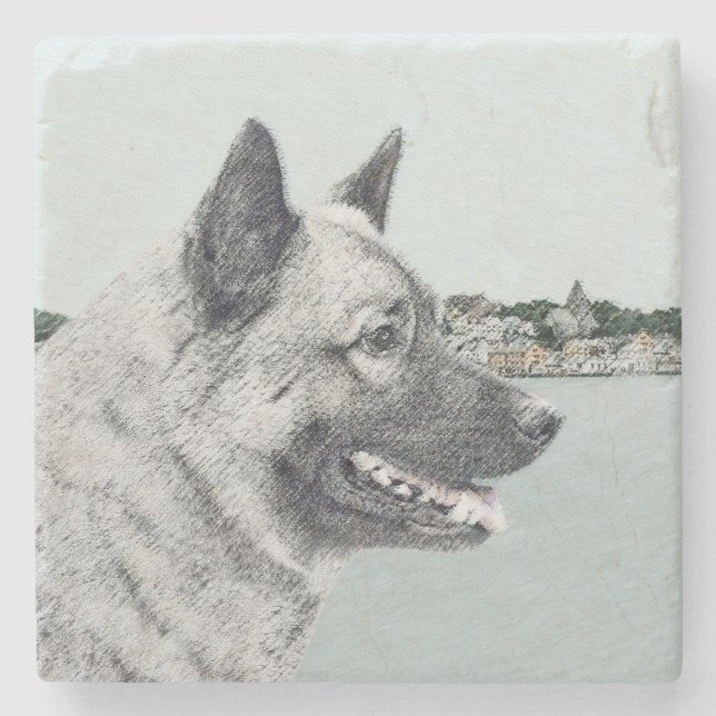 Norsk Elkhound vid Village Painting - Hund Art Underlägg Sten (Framsidan)