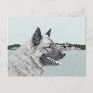 Norsk Elkhound vid Village Painting - Hund Art Vykort