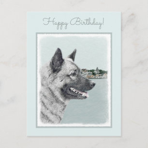 Norsk Elkhound vid Village Painting - Hund Art Vykort