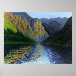 Norsk fjord närmar sig solnedgång poster