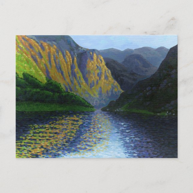 Norsk fjord närmar sig solnedgång vykort (Framsida)