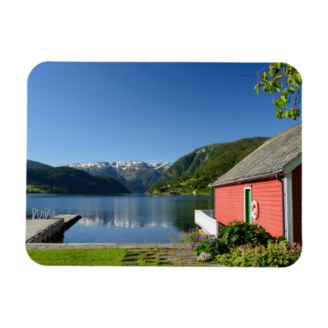 Norsk fjordvy + boathouse-rektangulär magnet (Horisontell)