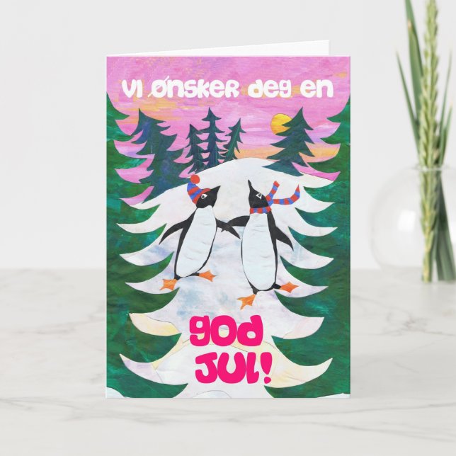Norsk julkort - åka skridskor pingvin helgkort (Framsida)