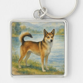 Norsk Lundehund Fyrkantig Silverfärgad Nyckelring
