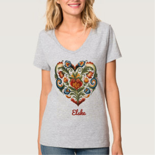 Norsk Rosemaling Folk Art Heart "Kärlek" T Shirt