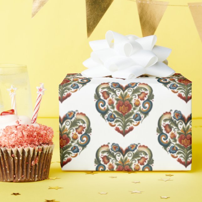 Norsk Rosemaling Folk Art Heart Sticker Presentpapper (Födelsedagsfest)