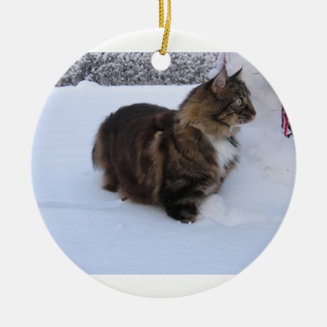norsk skogskatt i snö julgransprydnad keramik (Framsidan)