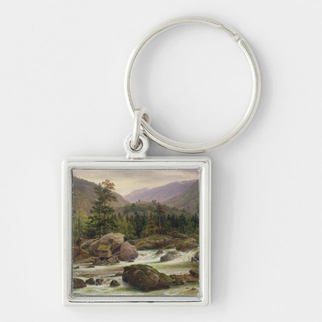 Norsk vattenfall, 1840 fyrkantig silverfärgad nyckelring (Framsidan)