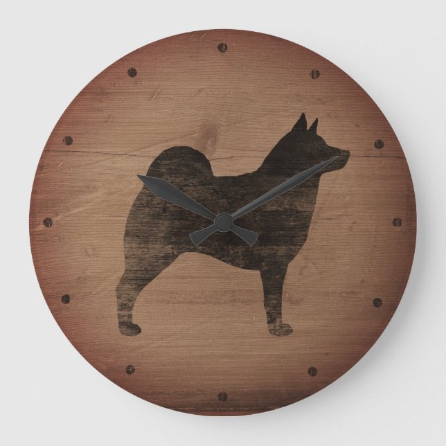 Norska Elkhound Silhouette Rustic Stor Klocka (Framsida)