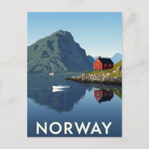 Norska fjorden med röd stuga vykort