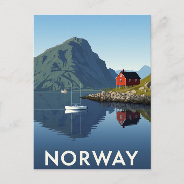 Norska fjorden med röd stuga vykort (Framsida)