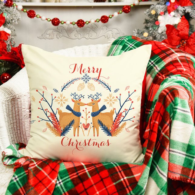 Norska Hjorten God jul Kudde (Scandinavian Folk Woodland Deer Throw Pillow - Cream)