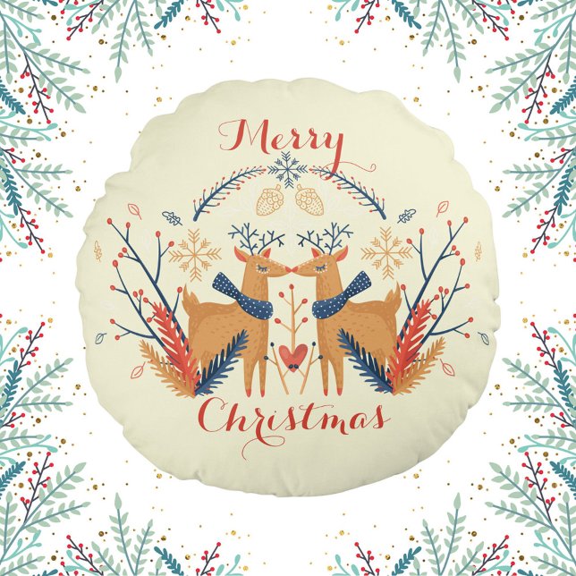 Norska Hjorten God jul Rund Kudde (Scandinavian Folk Woodland Deer Cream Round Pillow)