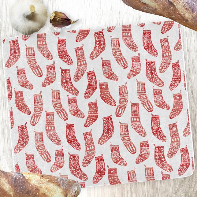 Norska julklager i Mönster (Nordic Stockings red and white Scandinavian festive Christmas pattern cutting board)