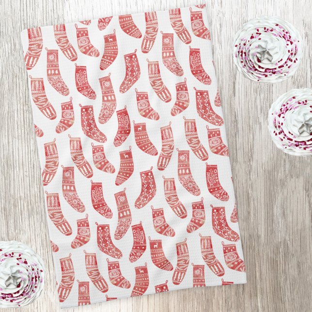 Norska julklager i Mönster Kökshandduk (Nordic Scandinavian stockings and sock pattern art kitchen tea towel)