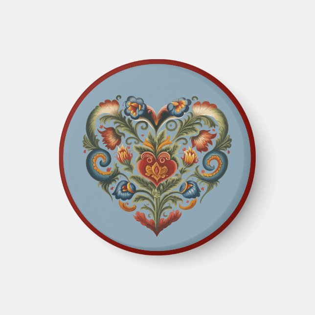 Norska Rosemaling Folk Heart Magnet (Framsidan)
