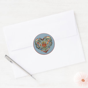 Norska Rosemaling Folk Heart Runt Klistermärke
