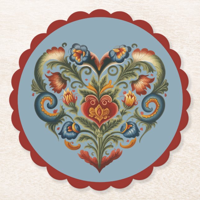 Norska Rosemaling Folk Heart Underlägg Papper (Framsida)