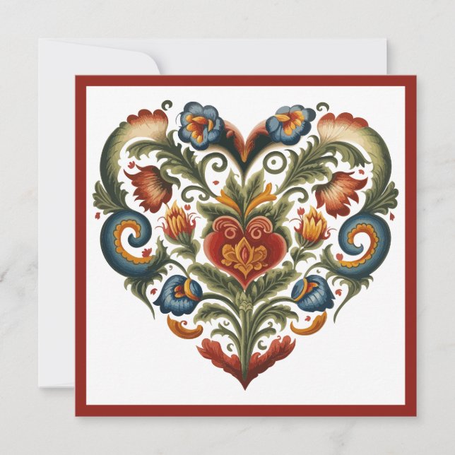 Norska Rosemaling Folk Heart-Valentineser Julkort (Framsida)