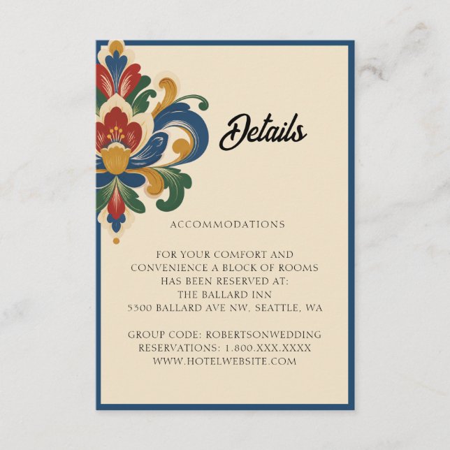 Norskt Rosemaling-bröllop | Detaljerat information Tilläggskort (Framsida)