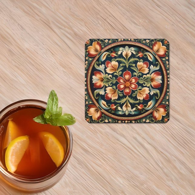 Norskt Rosemaling Dekorativ Folkkonst Underlägg Papper Kvadrat (Skapare uppladdad)