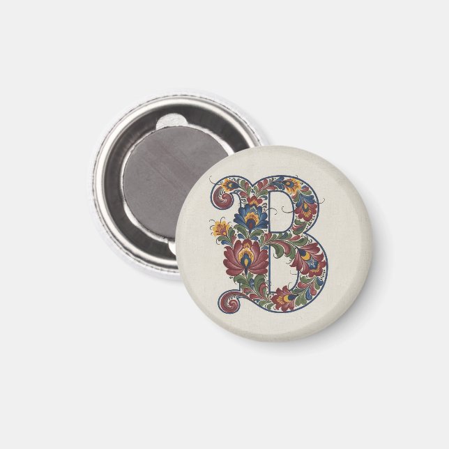 Norskt Rosemaling Initial B, Ölkopp Magnet (Front/Back)