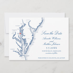 North Beach Maryland Bröllop Elegant Navy Karta Spara Datumet