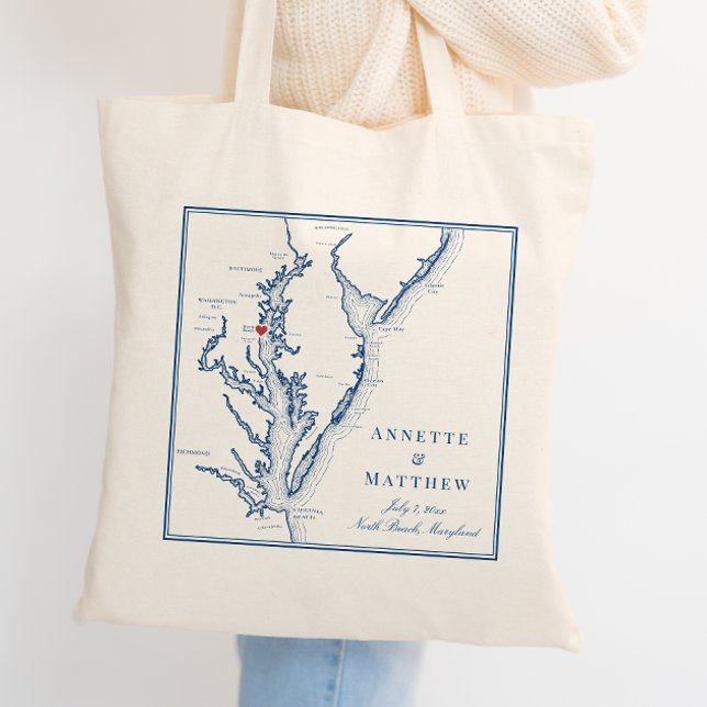 North Beach Maryland Elegant Navy Bröllop Välkomme Tygkasse (Personalized North Beach Maryland Wedding Favor Tote Bag in elegant navy blue by Coastal Map Designs)