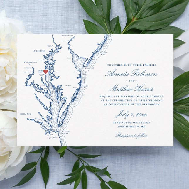 North Beach Maryland Karta Elegant Navy Bröllop Inbjudningar (North Beach Maryland Wedding invitation with elegant navy blue map from Coastal Map Designs)