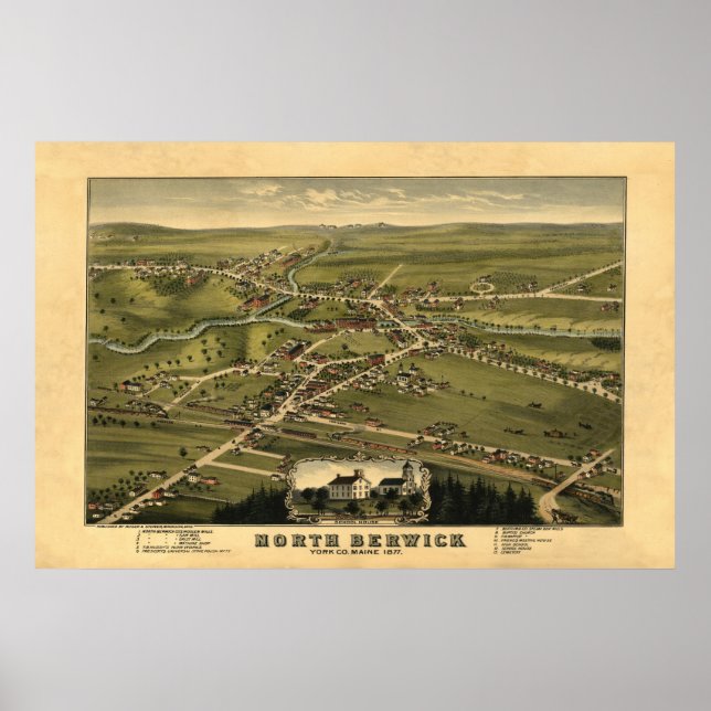 North Berwick ME Panoramic Birdseye View 1877 Poster (Framsidan)