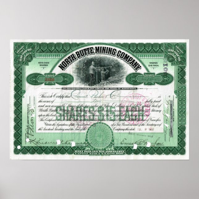 North Butte Mining Company Lagrar Certificate Post Poster (Framsidan)
