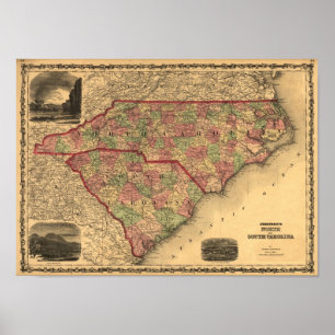North Carolina 1861 och South Carolina karta Poster