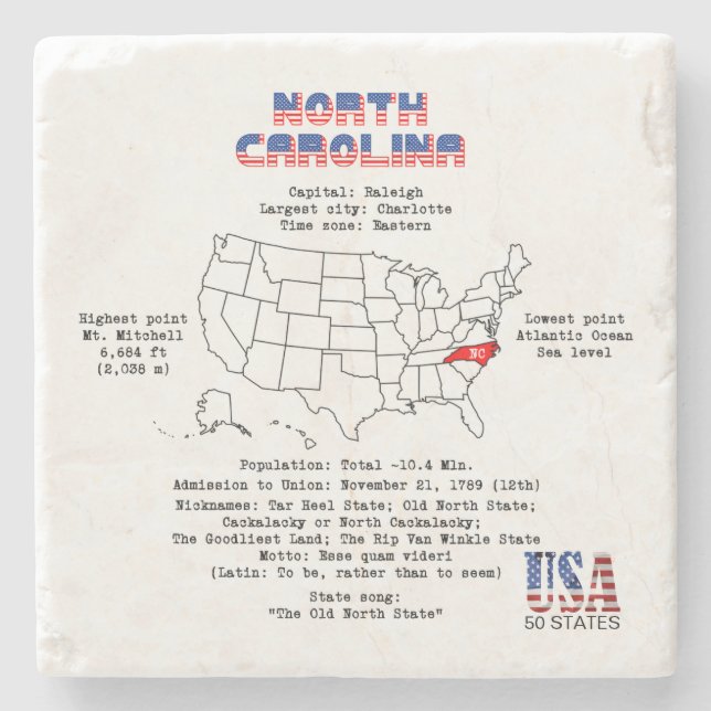 North Carolina American State på en karta och närm Stenunderlägg (Framsidan)
