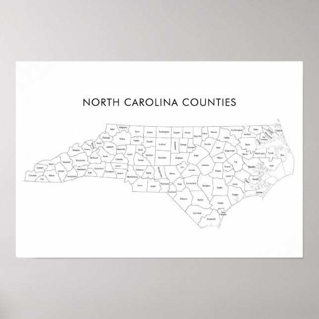 North Carolina Countyn karta med county namn Poster (Framsidan)
