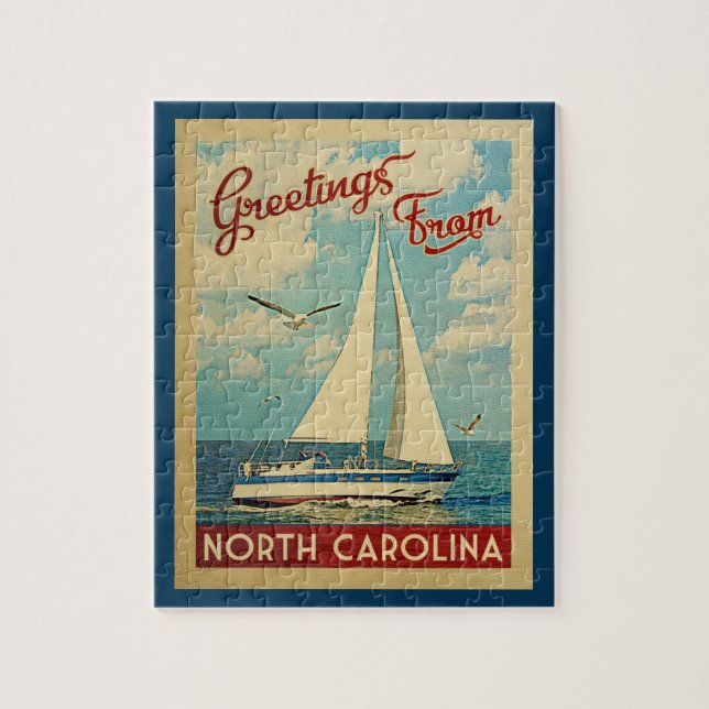 North Carolina Jigszle Puzzle Sailboat Retro Trave Pussel (Vertikal)