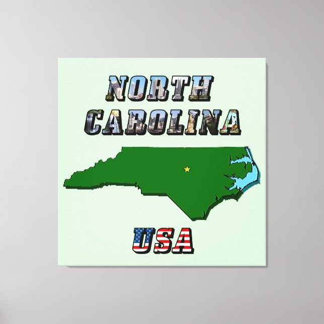 North Carolina Karta, kontur, foto och US Flagga T Canvastryck (Framsida)