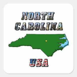 North Carolina Karta, kontur, foto och US Flagga T Fyrkantigt Klistermärke