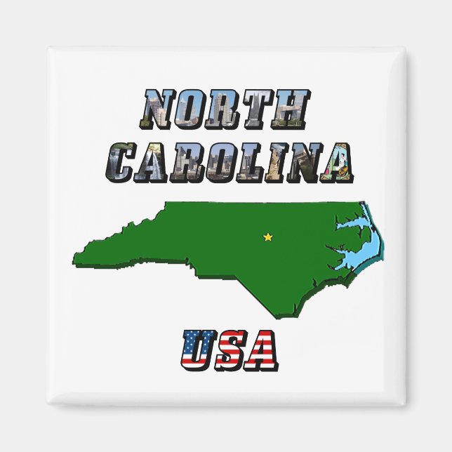 North Carolina Karta, kontur, foto och US Flagga T Magnet (Framsidan)