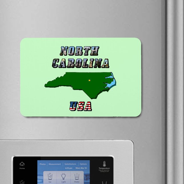 North Carolina Karta, kontur, foto och US Flagga T Magnet (North Carolina Map, Photo & US Flag Text Flexible Magnet)