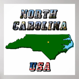 North Carolina Karta, kontur, foto och US Flagga T Poster