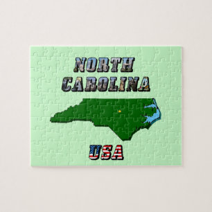 North Carolina Karta, kontur, foto och US Flagga T Pussel